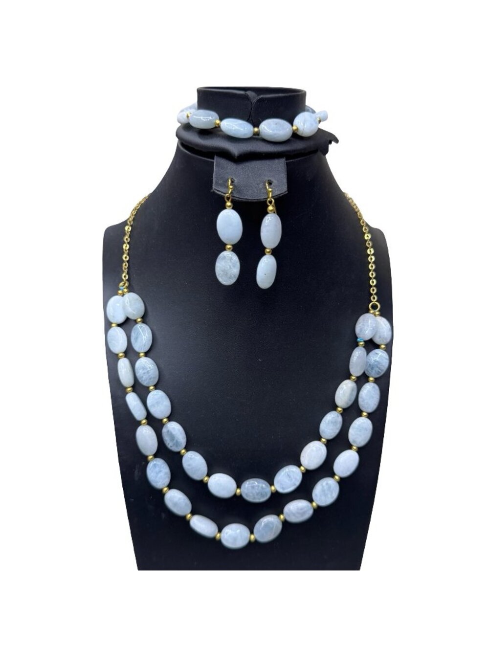 Stauer Gold-Tone Necklace Bracelet & Earrings Set Larimar / Aquamarine Beads